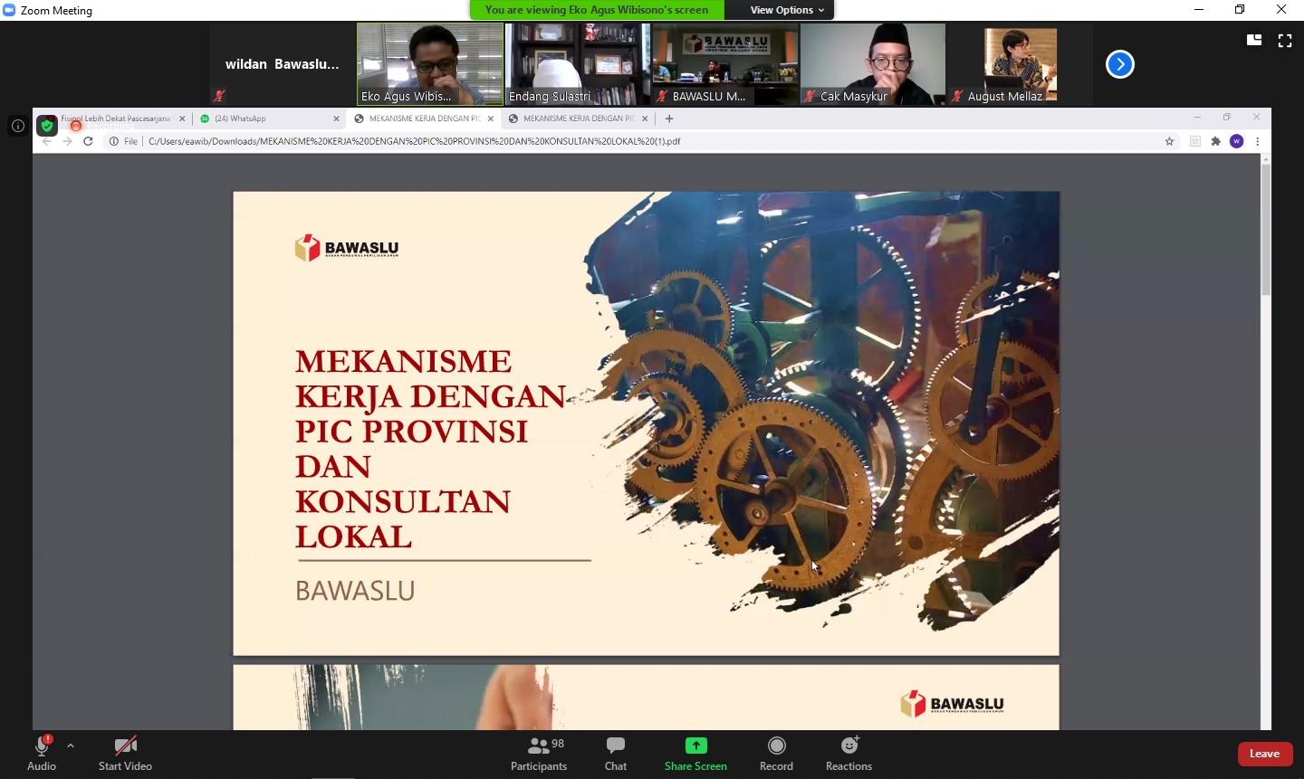 Bawaslu Bali mengikuti Rapat Koordinasi Pendampingan Penulisan Riset Evaluasi Pilkada Serentak Tahun 2015-2020 Sesi I