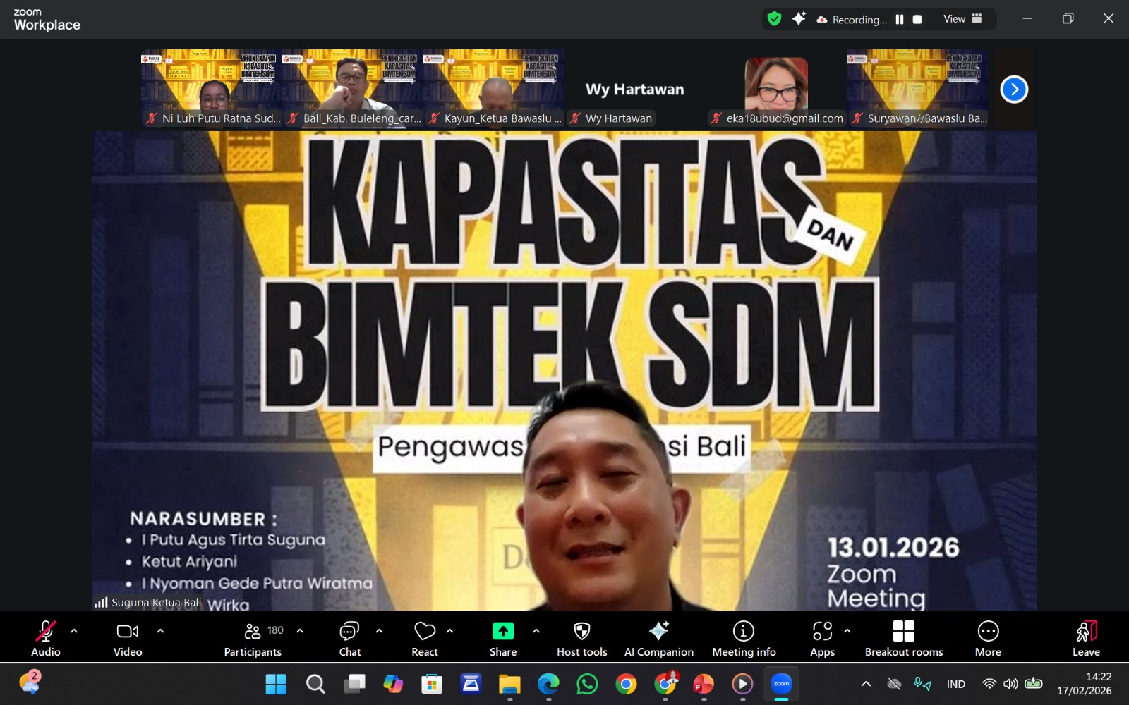 Ketua Bawaslu Bali, I Putu Agus Tirta Suguna saat sesi Bawaslu Membelajarkan Tingkat Provinsi Chapter V terkait penguatan kelembagaan, Selasa (17/2/2026)w