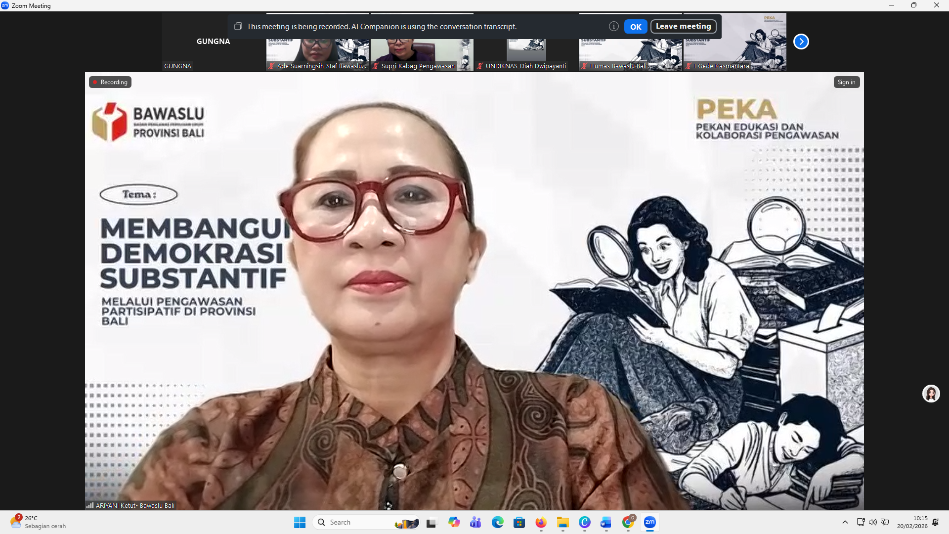 Kordiv P2H Bawaslu Bali saat membahas kualitas demokrasi di tengah perdebatan perubahan sistem pemilu, dalam agenda PEKA secara daring, Jumat (20/02/2026)