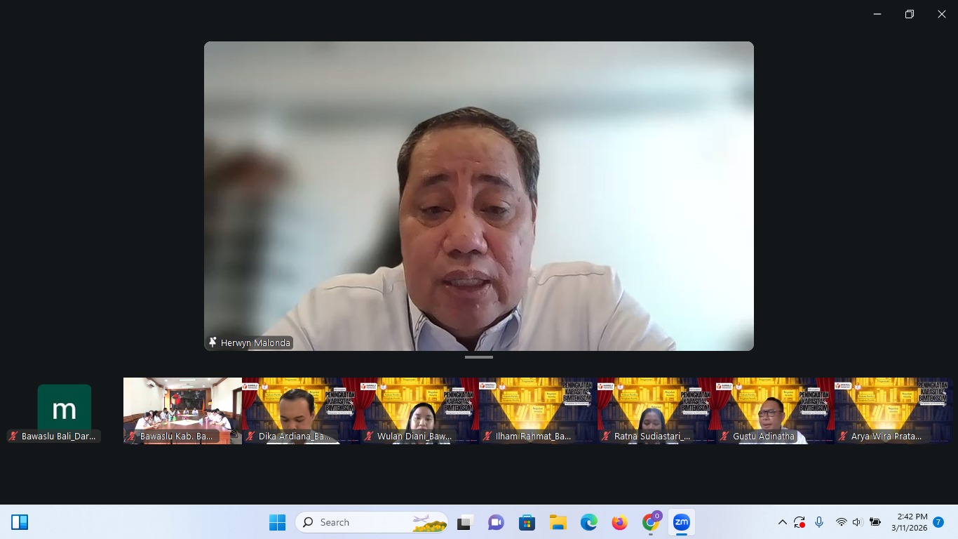 Anggota Bawaslu, Herwyn J.H. Malonda tekankan fungsi Bawaslu Membelajarkan sebagai bagian dari refleksi dan edukasi dalam acara Penutupan Bimtek SDM Bawaslu se-Indonesia Bali secara daring, Rabu (11/3/2026)