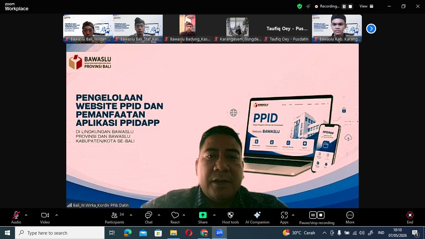 Rapat daring Peningkatan Kualitas Pengelolaan Website PPID dan Pemanfaatan Aplikasi PPID App di lingkungan Bawaslu Provinsi dan Bawaslu Kabupaten/Kota se-Bali