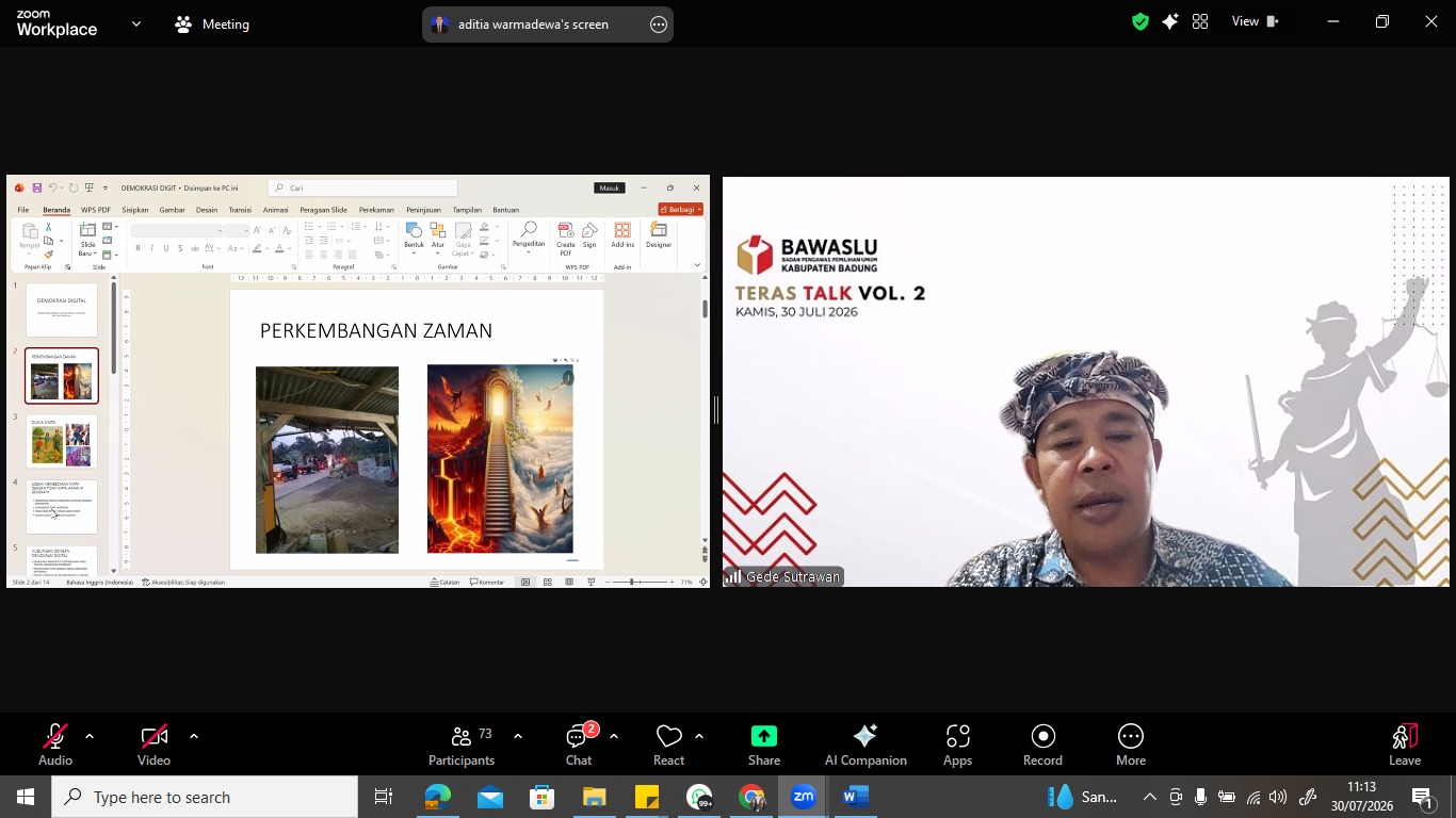 Gede Sutrawan, saat menjadi narasumber dalam kegiatan TERAS Talk Vol. 2 bertajuk "Demokrasi Digital: Memetakan Risiko AI dalam Pemilu 2029 dan Langkah Mitigasi Bawaslu"